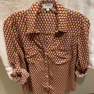 Express Portofino Long-Sleeve Button-Down Blouse Geometric Print Medium